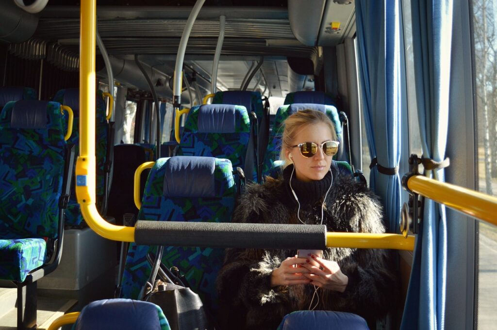 bus, girl, earphones