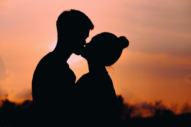 couple, kiss, sunset