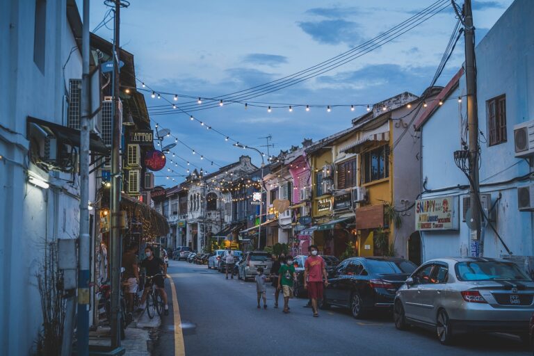 sunset, street, town