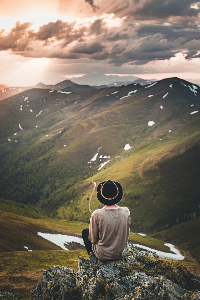 mountains, man, landscape