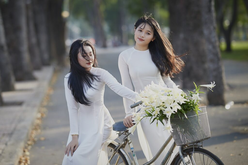 women, flower wallpaper, ao dai