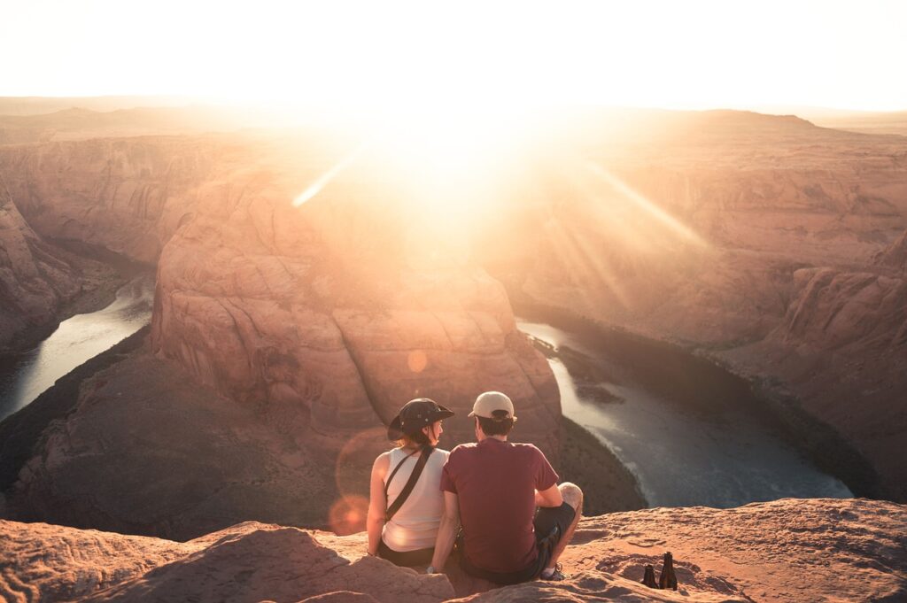 couple, canyon, sunrise