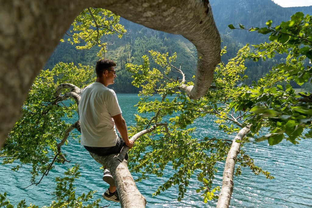 man, lake, branch