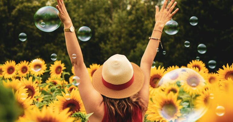 Woman Surrounded By Sunflowers