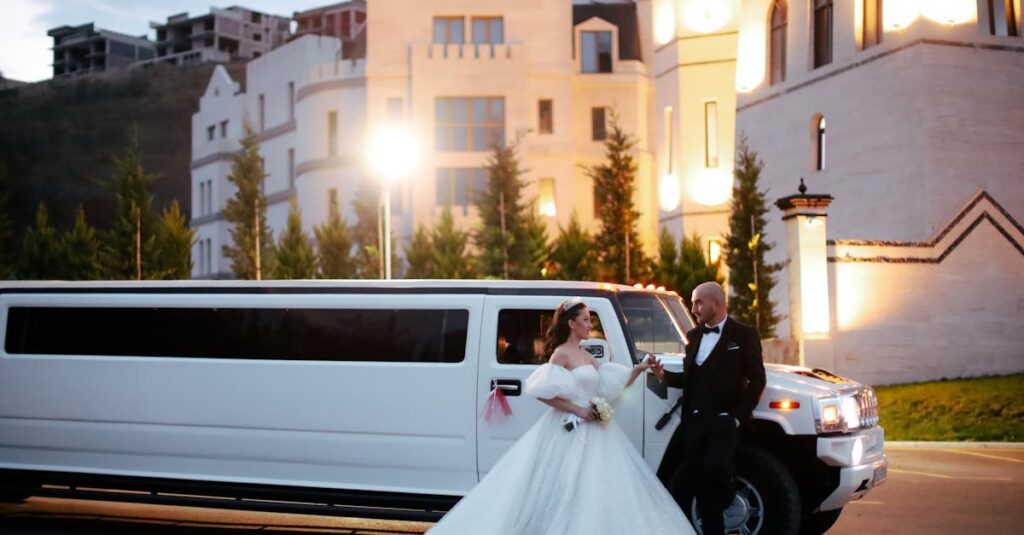 Newlyweds Standing Together by Limousine