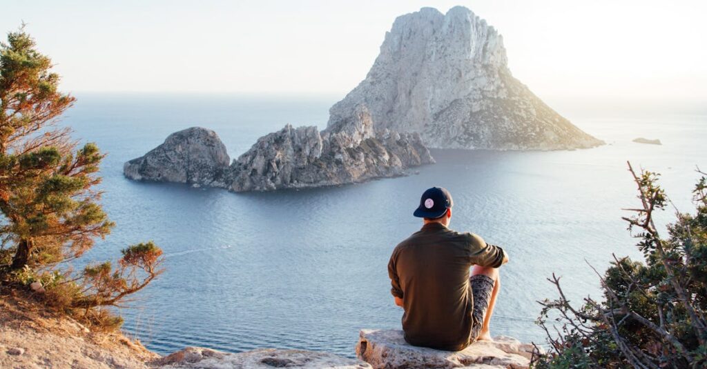 Rear View of Man Sitting on Rock by Sea