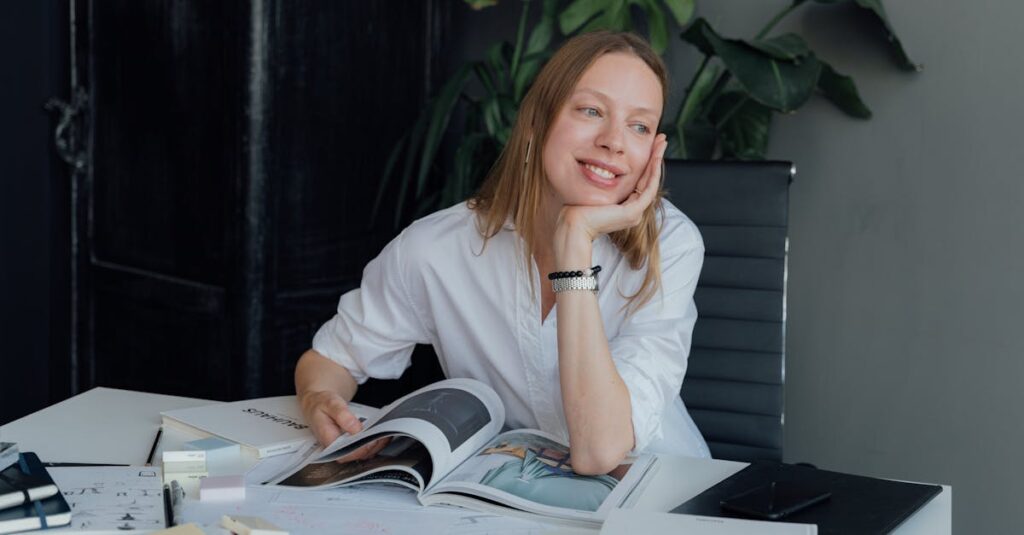 Happy Woman leaning on a Magazine