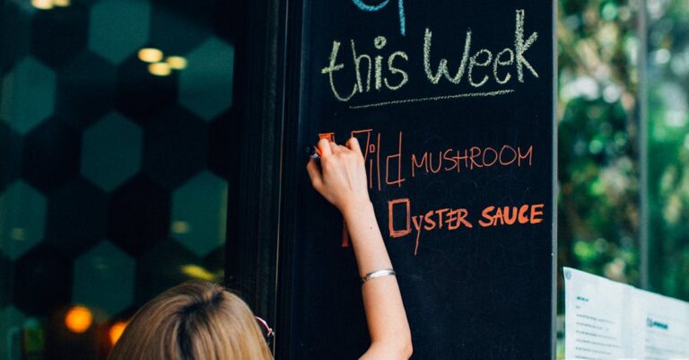 Woman Writing with Chalk on Board in Restaurant 