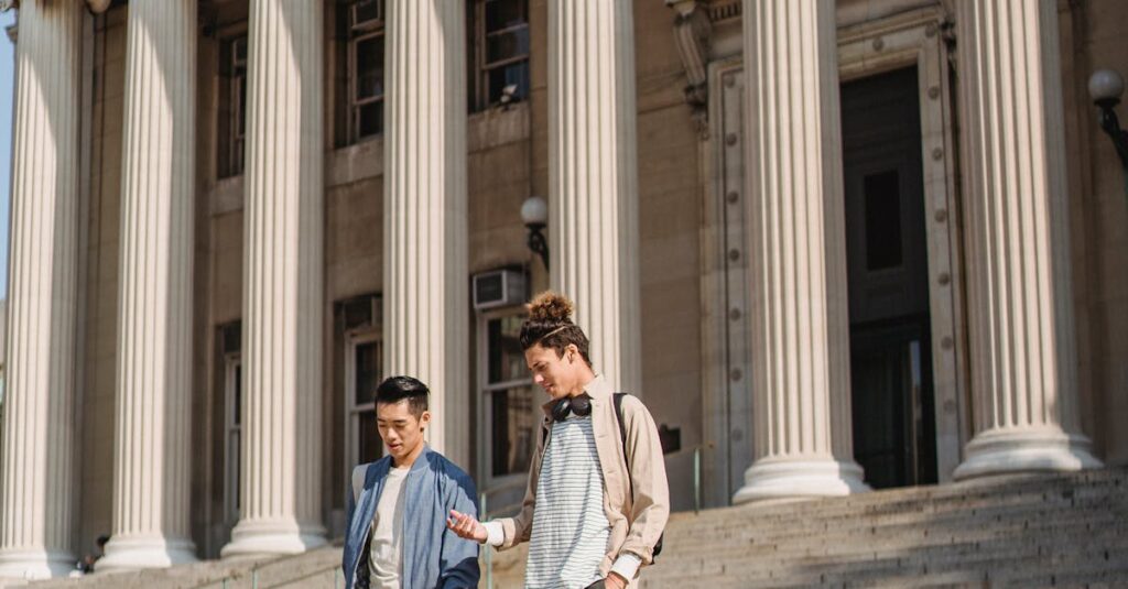 Two Men Standing Outside A University Building