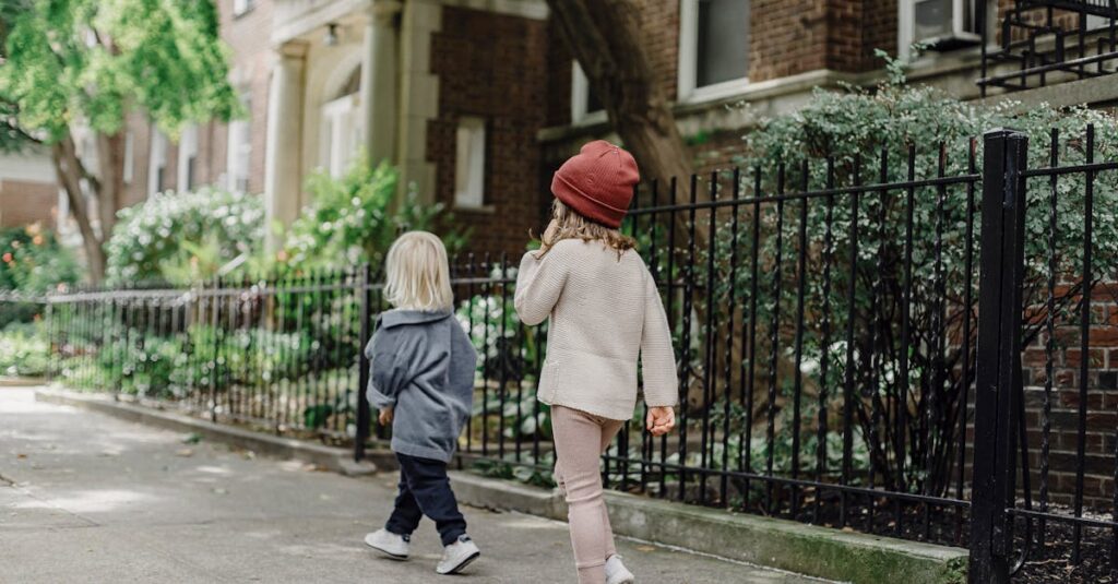 Unrecognizable children walking on footpath