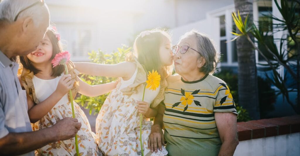 Grandchildren Kissing Their Grandparents