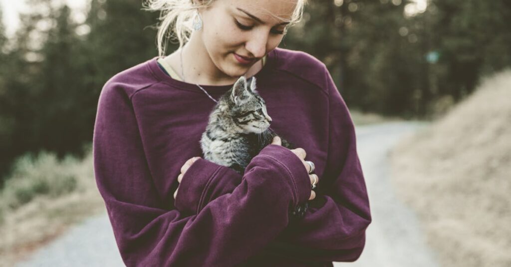 Selective Focus Photography of Woman Wearing Purple Sweater Holding Silver Tabby Cat