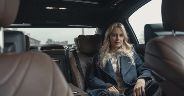 Woman in Blue Coat Sitting on Back Seat of a Car