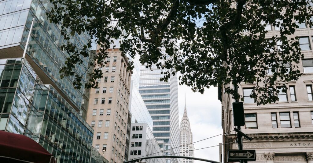 Modern city street with skyscrapers