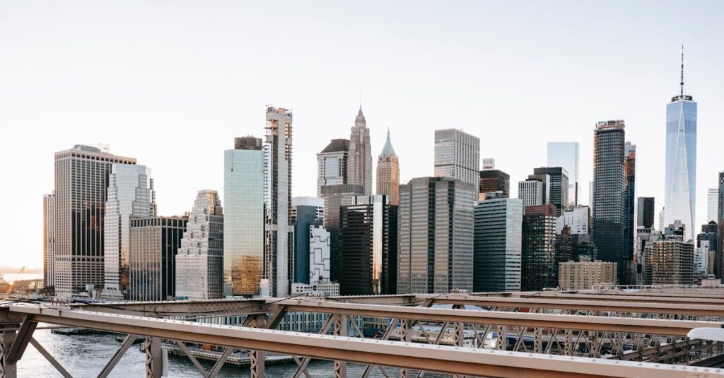 Business district behind river and bridge