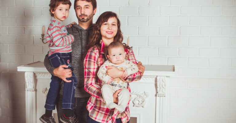 Standing Family Near Fireplace