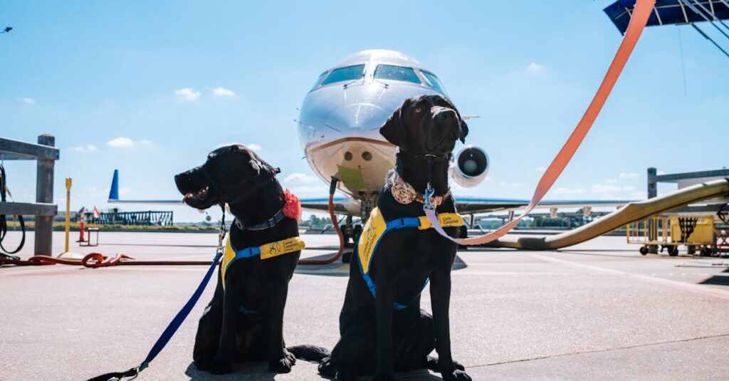 Service dogs in front of an airplane at an airport