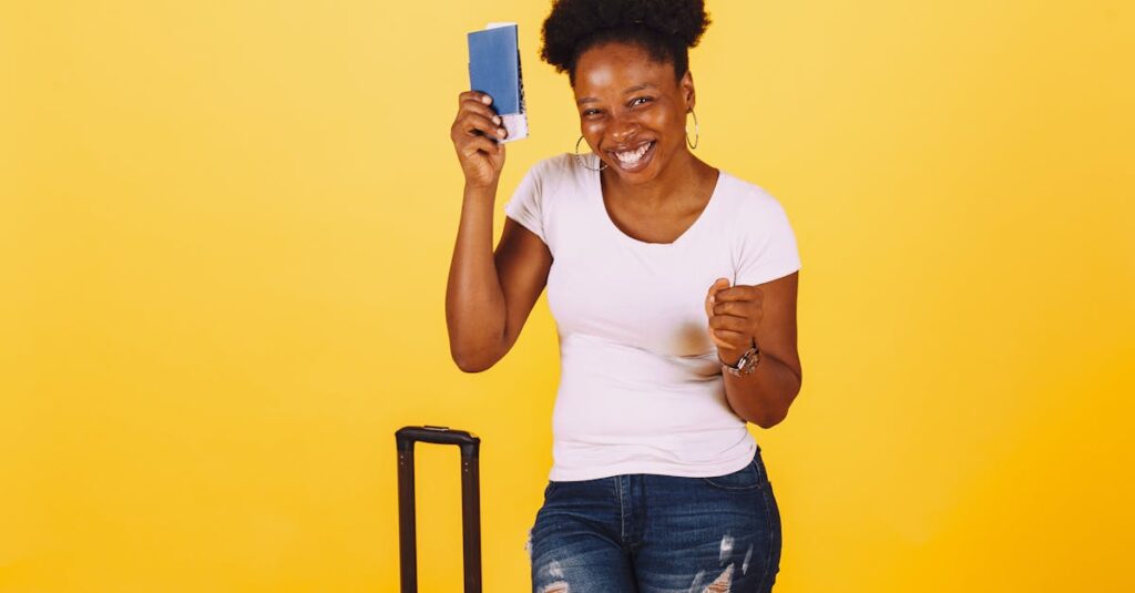 Smiling Woman in White Shirt Holding Her Passport