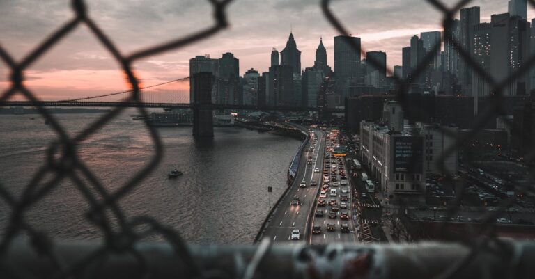 View of New York's skyline and Brooklyn Bridge at dusk through a fence.