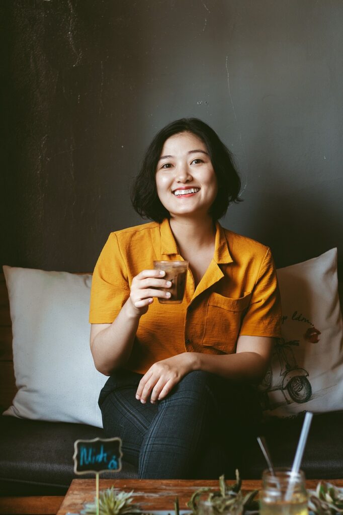 woman, drink, cafe