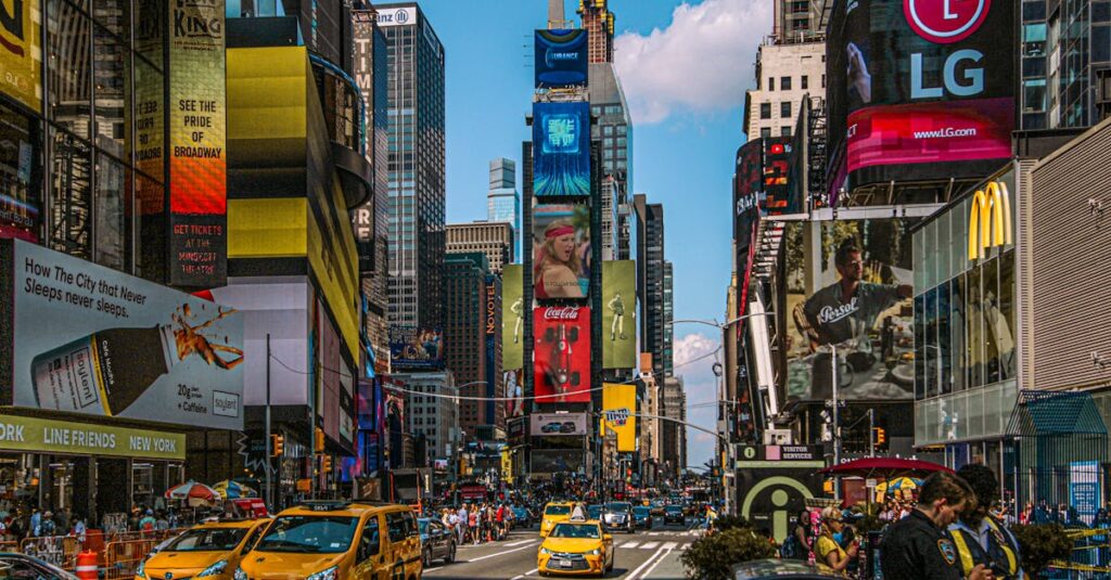 Dynamic street view of Times Square, NYC filled with billboards, taxis, and people.