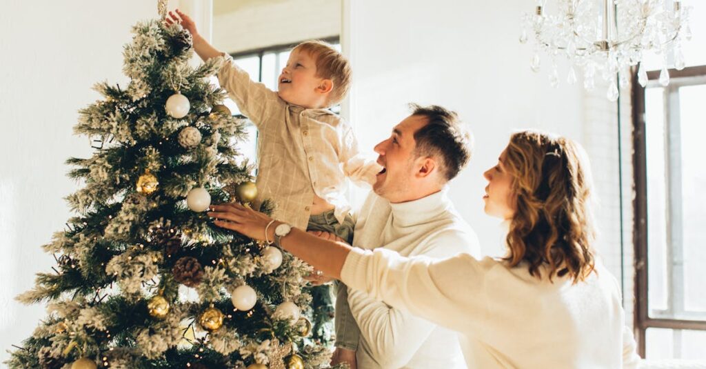 Family joyfully decorating a Christmas tree at home, capturing quality moments together.