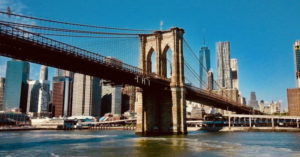 Stunning view of the Brooklyn Bridge and New York City skyline under clear blue skies.