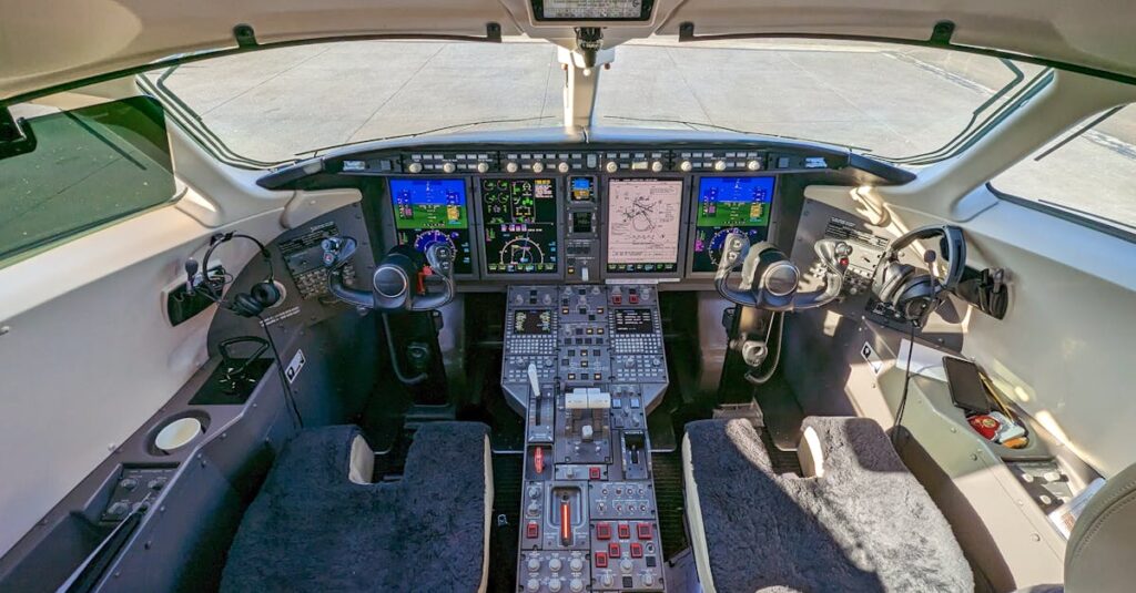 Detailed view of a modern airplane cockpit featuring a control panel, steering, and screens.