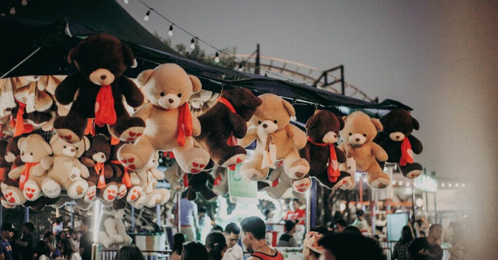 A bustling carnival scene at night featuring teddy bear prizes and a lively crowd.