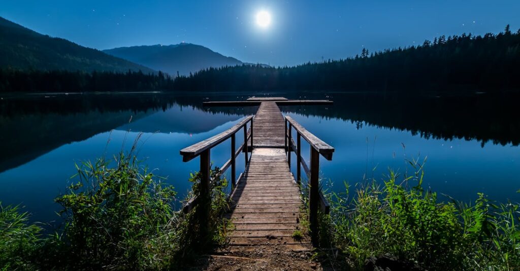 Discover tranquility at a moonlit dock in Whistler, BC, under a starry sky.