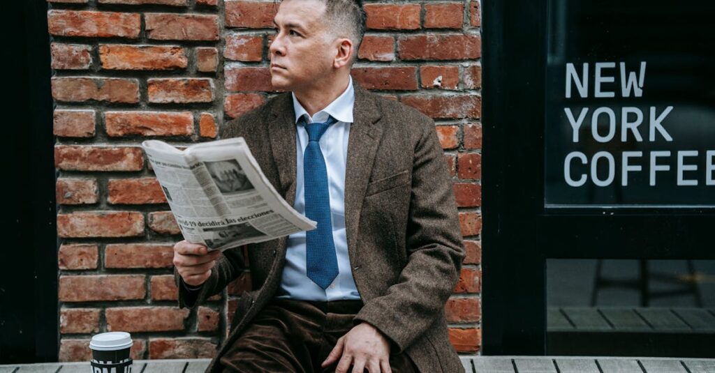 Businessman in formal wear reading newspaper outside coffee shop.