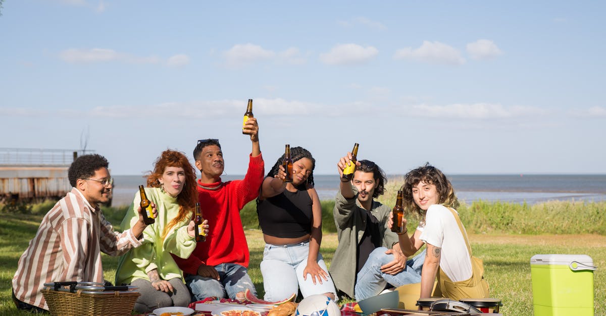 A diverse group of friends raises bottles in a toast during a sunny picnic by the waterfront.