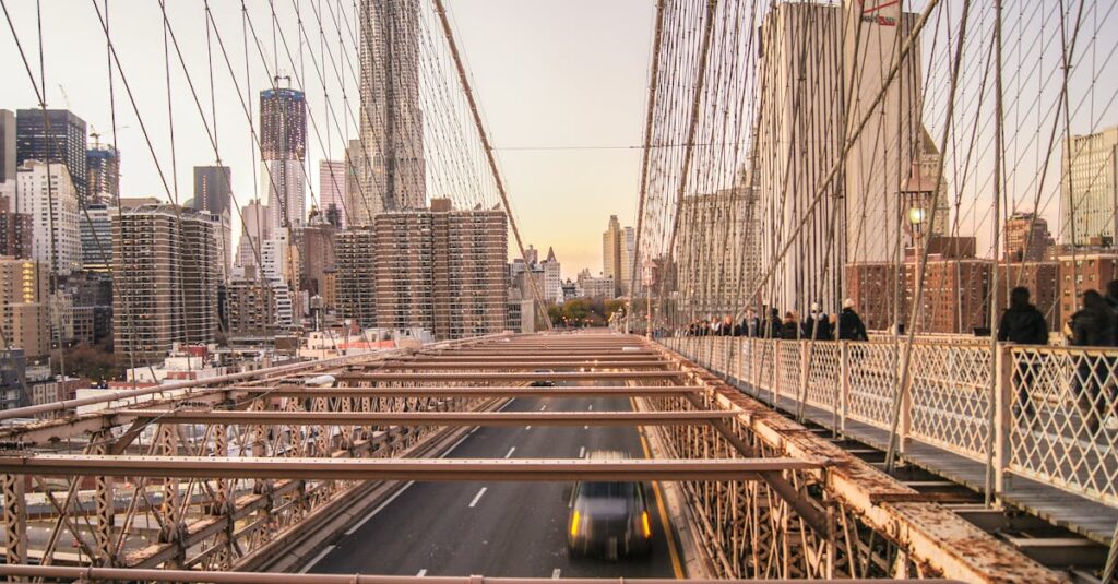 Stunning view of the Brooklyn Bridge with a modern city skyline during sunset.