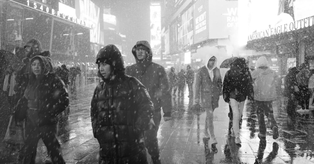 People walking in the snowy streets of Times Square, New York City during winter.