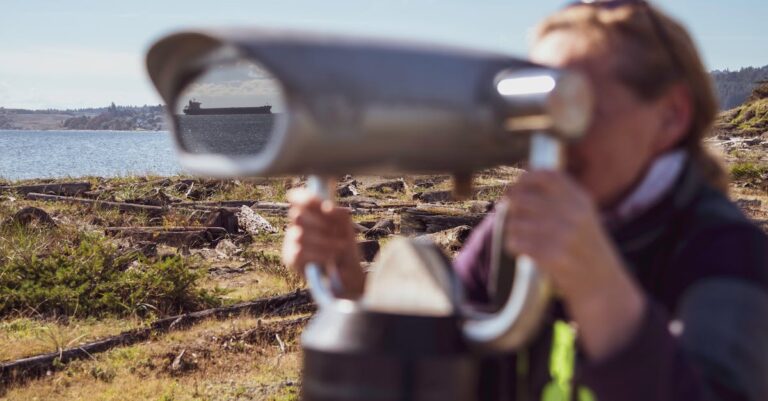 A woman uses a coin-operated binocular to view a distant ship along the Colwood shores.