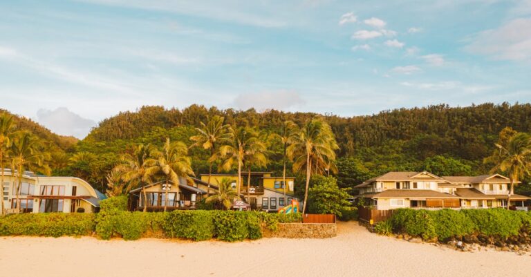 Beautiful beachfront villas with palm trees on a sandy coastline. Ideal tropical getaway.