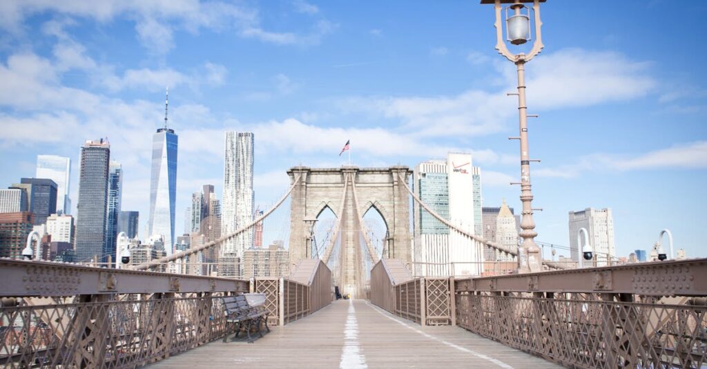 Wide-angle view of the Brooklyn Bridge leading to New York City's iconic skyline under blue skies.