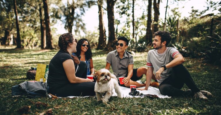 Friends having a fun picnic in the park with a Shih Tzu, enjoying a sunny day outdoors.