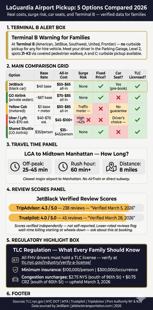 Laguardia Airport Pickup Options Comparison Infographic Black Car Taxi Rideshare Shuttle Lga 2026