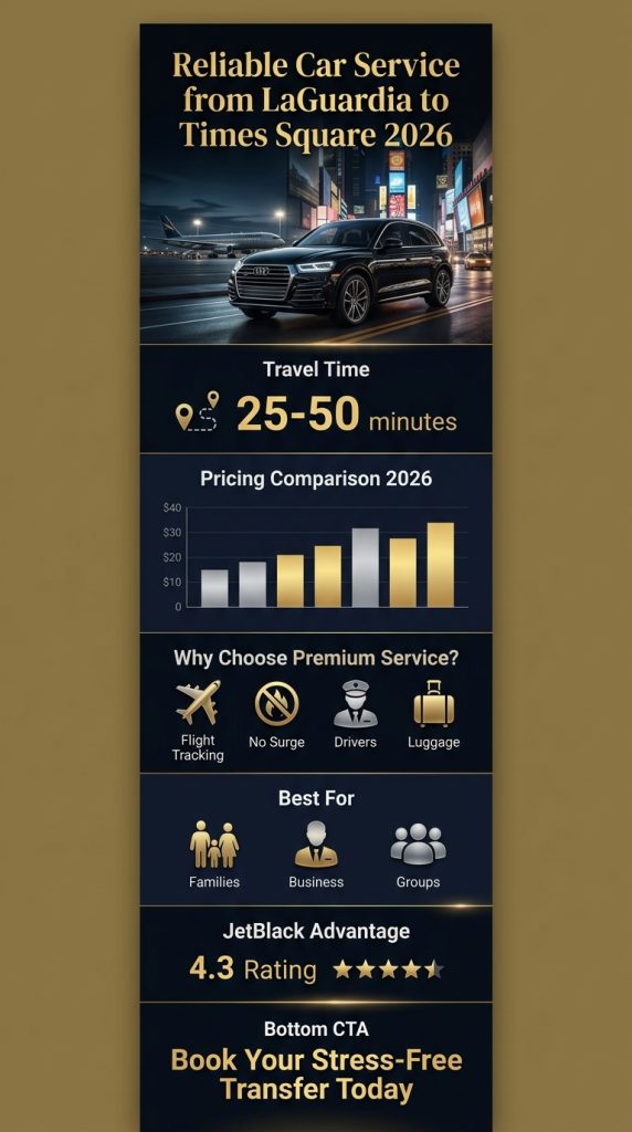 Infographic Showing Options For Reliable Car Service From Laguardia To Times Square Including Pricing And Duration