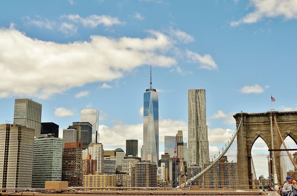 bridge, manhattan, brooklyn, nature, new york, architecture, downtown, view, skyscraper, city, building, skyline, sky, clouds, tourism